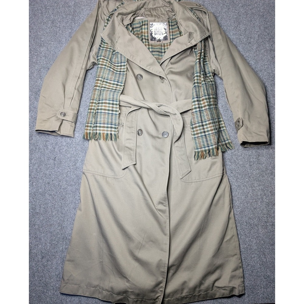 Vintage Fleet‎ Street Plaid Lined Tan Long Trench Coat Matching Scarf Size 8